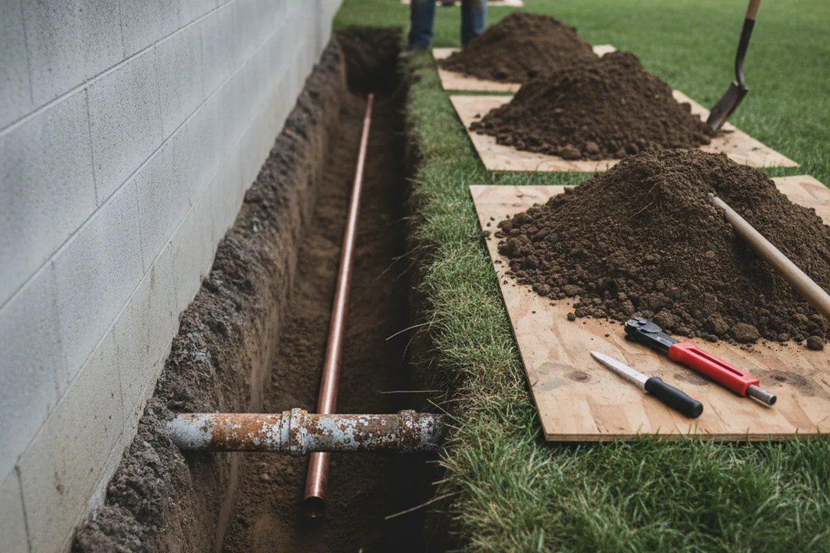 Excavated water line trench during Water Heater Repair in Stoddard